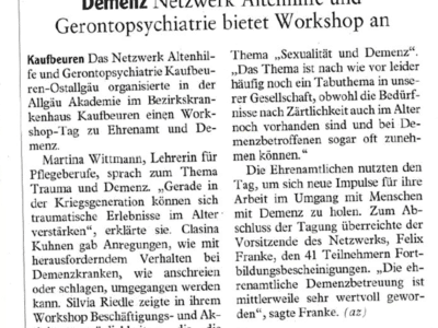 Pressebericht Work Shop Tag 2017 Netzwerk, Kaufbeuren, Ostallgäu, Demenz, Demenzhelferschulung, Schulung, Weltalzheimertag, Palliativ, stationär, ambulant, Hospiz, SAPV, Krankenhaus, Anschlussbehandlung, Rehabilitation, Altenheim, Pflegeheim, Versorgung, Senioren, Aktivitäten, Pflege, Pflegeservice, Hospitalstiftung, Seniorenbeirat, Seniorenbüro, Hilfe, pflegende Angehörige, Alzheimer, Betreuung, Unterstützung zu Hause, haushaltsnahe Dienstleistungen, Unterstützung im Alter, Demenzkrank, Hilfe bei Demenz, Beratung, Seniorenbegleiter, Besuchsdient, ehrenamtlich, Helfer, vernetzt