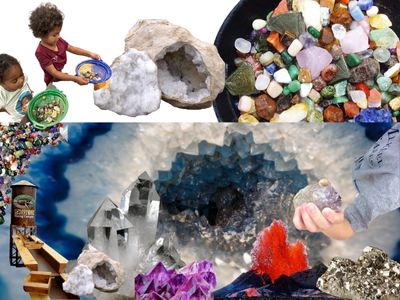 A wide variety of agates and gemstones with a child holding up a amethyst they found along with a cracked open geode and kids panning for gemstones