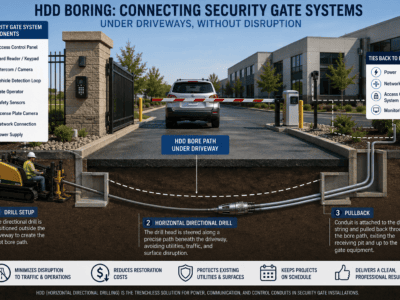 Diagram of how HDD boring fits into security gate construction projects. 