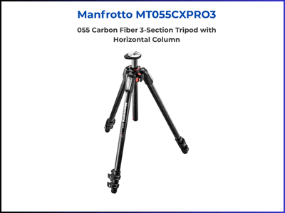 Manfrotto MT055CXPRO3 tripod with 055 Carbon Fiber 3-Section design and horizontal column, ideal for real estate photography.
