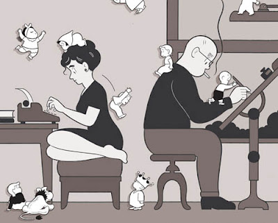 detail from Chris Ware's cover of my biography, Crockett Johnson and Ruth Krauss: How an Unlikely Couple Found Love, Dodged the FBI, and Transformed Children's Literature (2012)