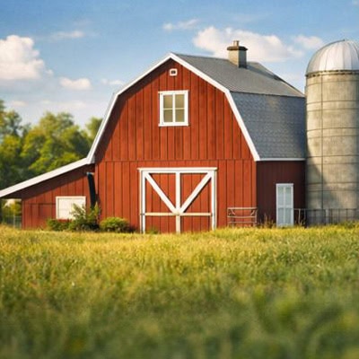 Red barn and silo on a rural farm representing agriculture and rural communities
