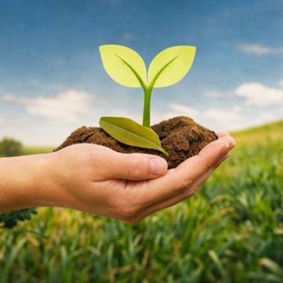 Hands holding a young plant growing from soil in a rural field