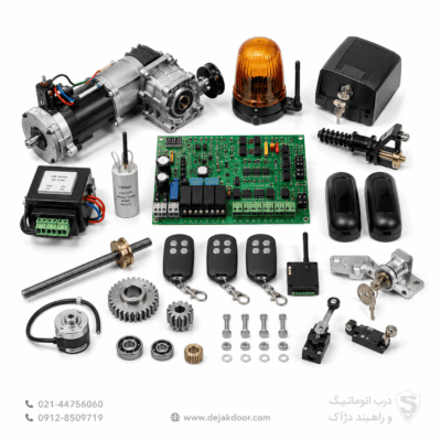 قطعات جک پارکینگ شامل برد فرمان، موتور، گیربکس، چشمی، ریموت، ترانس، خازن و سایر لوازم یدکی اصلی