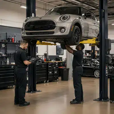 Two technicians inspect a MINI Cooper on a service lift during a professional mini repair near me appointment