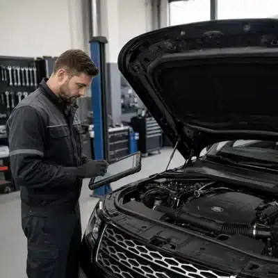 A mechanic uses a diagnostic tablet beside an open Land Rover engine during a professional land rover engine repair