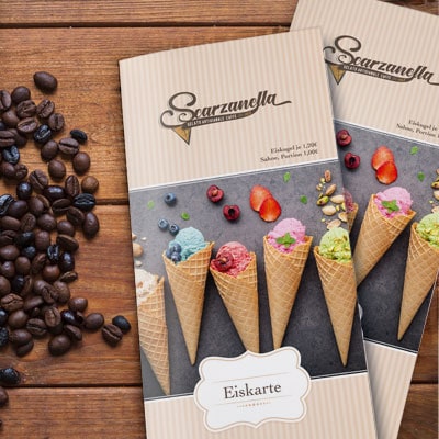 Eiscafé Scarzanella Eiskarten und Flyer
