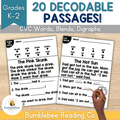 20 TRUE Decodable (NO PREP) Passages - CVC Words, Blends, Digraphs