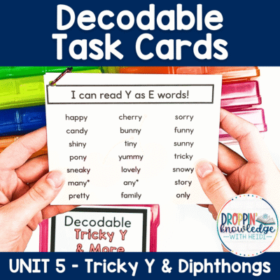 Decodable Task Cards - Tricky Y & Diphthongs - Words, Phrases, and Sentences!