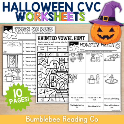 Halloween NO PREP CVC Word Worksheets Phonics Blending