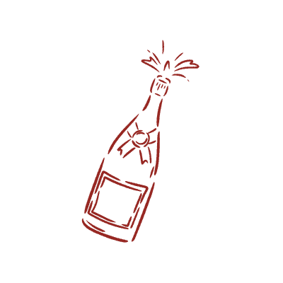 Eine einfache Strichzeichnung einer Sektflasche, die sich öffnet, mit Blasen und Schaum, der oben herausspritzt - perfekt für eine Einladung zur Hochzeitsplanung Bayern. Die Flasche ist mit einer Schleife und einem leeren Etikett versehen.