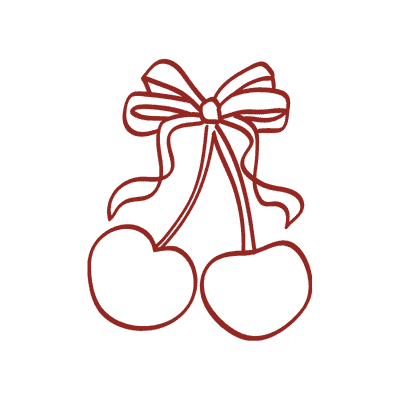 Einfache Strichzeichnung von zwei Kirschen, deren Stiele oben zu einer Schleife zusammengebunden sind, alles in Rot auf weißem Hintergrund - ein charmantes Symbol, das oft von Hochzeitsplanern Bayern für romantische Hochzeitsthemen verwendet wird.