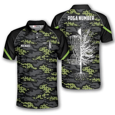Green Black Camo Custom Disc Golf Polo Shirt for Men