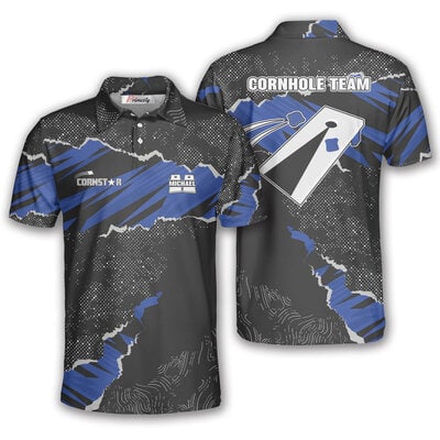 Custom Cornhole Polo Shirts for Men - Gray Blue Design