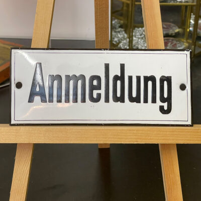 "Anmeldung": Sehr altes Emailschild in gutem Zustand (Türschild)