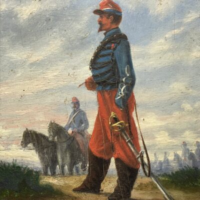 Französischer Soldat, Epoche Napoleon III, im Felde - Ölgemälde auf Holz, monogrammiert AL