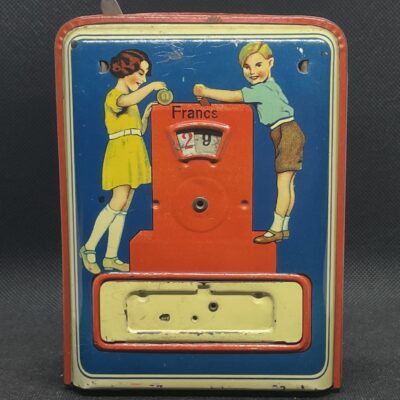 Geobra D.R.G.M., vor 1950: Alte mechanische Blech-Spardose für Frankreich
