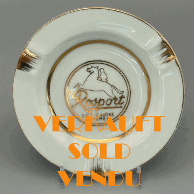 Porzellan-Reklameascher aus Luxemburg: Rosport Mineralwasser, um 1950, selten.