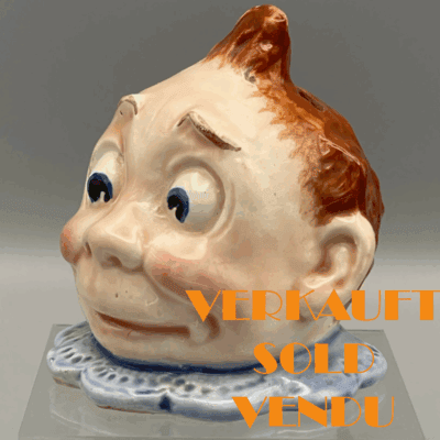 Grotesker Baby-Kopf, uralte, seltene Keramik-Spardose um 1910