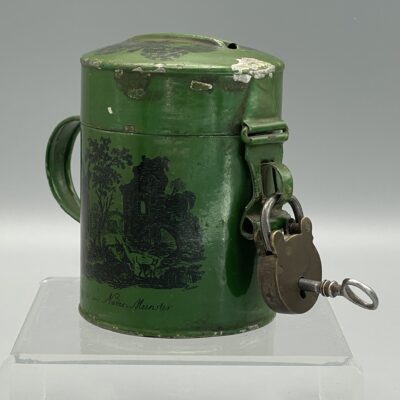 Blech-Spardose, Ruinen Nieder Münster, Schmetterlinge - um 1900, mit antikem Schloss u. Schlüssel