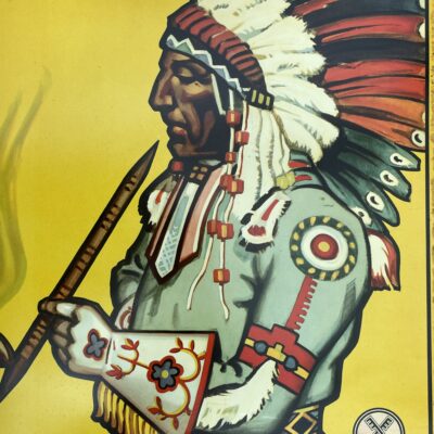 Crüwell Tabak - Inka - Schönes Blechschild mit Federschmuck tragendem Pfeifenraucher (um 1955)