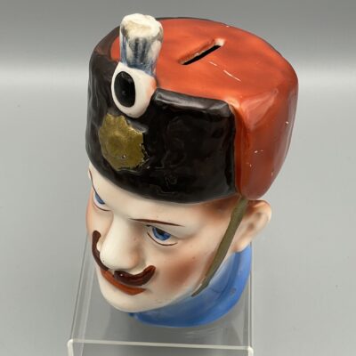 Antike, seltene Spardose - Keramische Figur der Büste eines K.u.K. Husaren - Um 1900