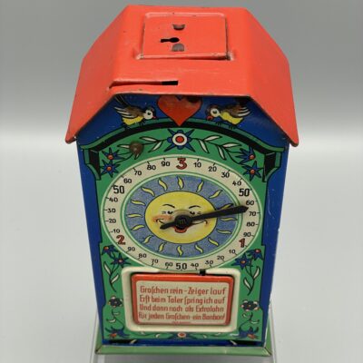 Alte Spar-Uhr & Schokoladen- resp. Bonbon-Automat - Lithografiertes Blech - Zustand!!!