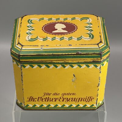 Antike Dr. Oetker Blechdose, 1920er Jahre Art Deco Stil
