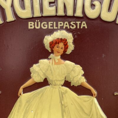 Hygienicus Bügelpasta - Uralt-Blechschild, seltene deutsche Variante in Top-Zustand
