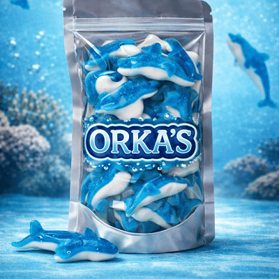 Zachte orka’s en dolfijnen snoep van Frisia, blauw-wit dieren schepsnoep met fruitige smaak