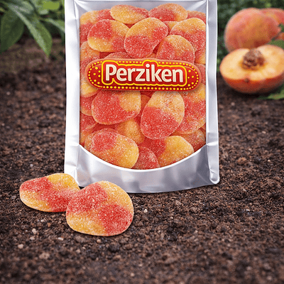 Zachte Haribo perzik snoepjes met een suikerlaagje in de kleuren oranje en geel