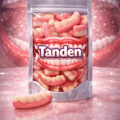 Glanzende tanden snoepjes van Jake, tweekleurige fruitgom in de vorm van een enkel gebit in de kleuren rood en wit