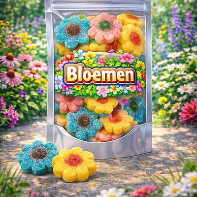 Gesuikerde bloemen snoepjes van Dulce Plus in verschillende kleuren, tweekleurige fruitgom in de vorm van bloemetjes met een fijn suikerlaagje