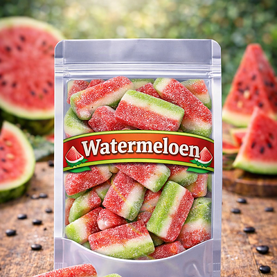 Jake zure watermeloen snoepjes, tweekleurige rode en groene gummies in de vorm van een watermeloen slice, met een zachte bite en een verfrissend zuur suikerlaagje.