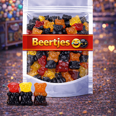 Matthijs duobeertjes drop fruit, zachte drop fruitbeertjes van het merk Matthijs, tweekleurige beertjes snoep drop en winegum, Matthijs duo beertjes