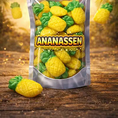 Zoete ananas snoepjes van Jake, zachte gele en groene snoepjes in ananasvorm met tropische ananassmaak zonder suikerlaag