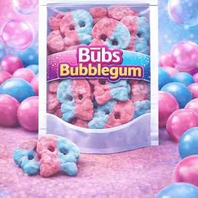 BUBS Dizzy Skulls snoep met bubblegum smaak – roze en blauwe zure snoepjes in de vorm van een schedel, vegan en glutenvrij.