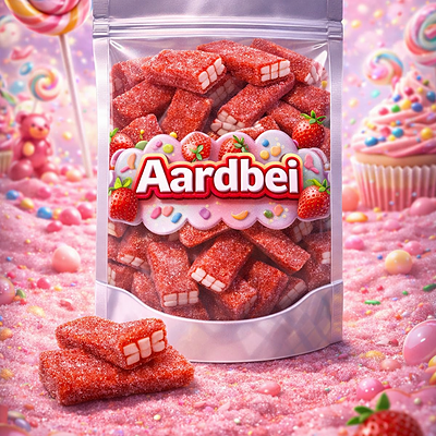 Zoetzure aardbei stenen van Vidal, rode en witte fruitgom snoepjes met een stevige bite en een zachte crème vulling