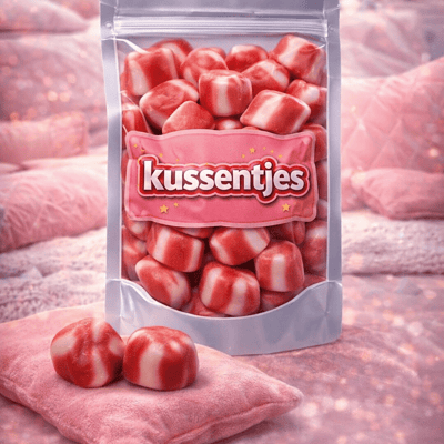 Rode getwiste kussentjes van Dulce Plus, zachte rood-witte gedraaide snoepjes met een zoete vulling en een glanzende afwerking
