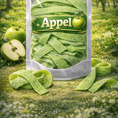 Zure matten appel van Jake, lange groene zure matjes met een frisse appelsmaak en een intens zuur suikerlaagje