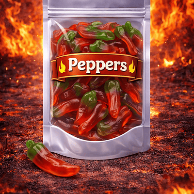 Dulce Plus Mini Jelly Chili Peppers: suikervrije gummy snoepjes in de vorm van kleine rood-groene pepers met een super zachte textuur, een zoete fruitige smaak en een subtiele, milde pittige nasmaak.