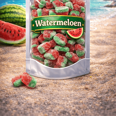 Dulce Plus Mini Watermeloen snoepjes: zachte tweekleurige rode en groene jelly gums met een fijn zuur suikerlaagje, een intense watermeloensmaak en een milde zure bite