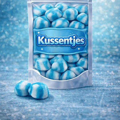 Dulce Plus getwiste blauwe kussentjes: zachte tweekleurige blauw-witte snoepjes in een gedraaide vorm met een milde, zoete smaak en een luchtige, zachte textuur