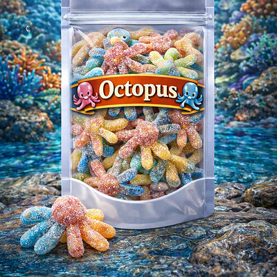 Jake lichtzure octopus snoepjes, kleurrijke tweekleurige gummies in de vorm van een inktvis met een zachte textuur en een fijn laagje lichtzuur suiker