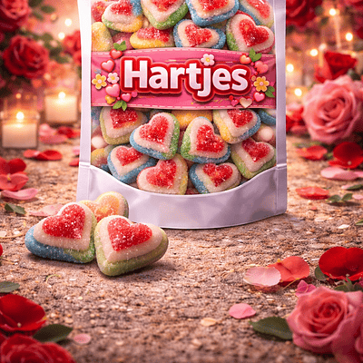 Dulce Plus gesuikerde 3D hartjes snoep, rood-witte fruitgom harten met suikerlaag, glutenvrij snoepgoed voor traktaties en Valentijnsdag