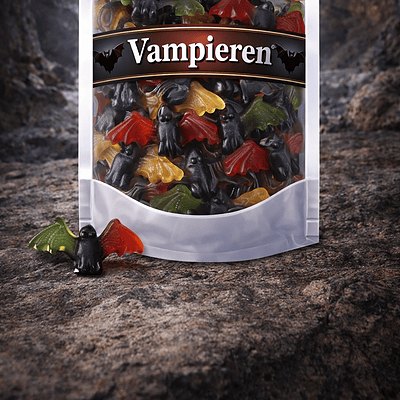 Haribo Vampieren, tweekleurige drop-fruitgum snoepjes, Haribo vampier vleugels in verschillende fruitsmaken en zachte drop, klassiek Haribo snoepgoed