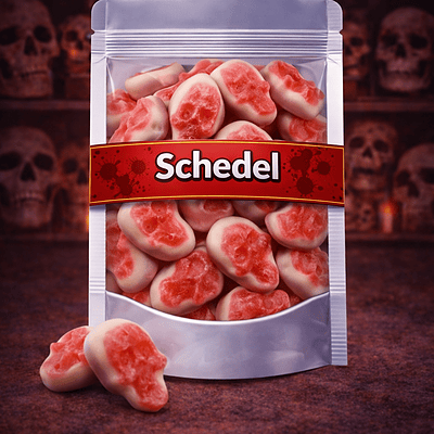 Dulce Plus jelly schedel snoepjes, zachte fruitgum doodskopjes, tweekleurige schedel snoepjes van Dulce Plus, griezelig lekker fruitgom snoepgoed