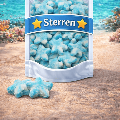 Blauwe gesuikerde sterren snoep van Dulce Plus, blauw-witte sterretjes met suikerlaag, decoratief snoep voor babyshower jongen, Dulce Plus sterren snoepjes