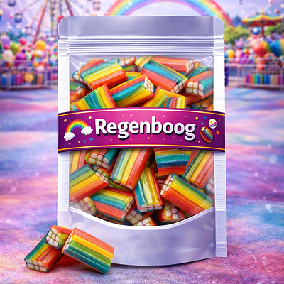 Dulce Plus regenboog snoep steentjes met crème vulling, kleurrijke vierkante snoepjes, meerkleurige bricks van Dulce Plus, gestreept snoep met witte vulling