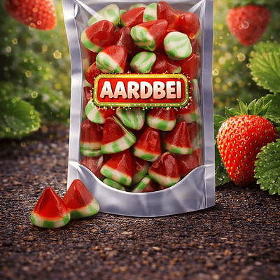 Aardbei kegels van Dulce Plus, zoet aardbei snoep in rode/groene kleur in de vorm van een kegel